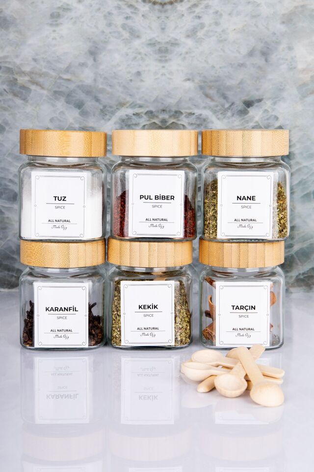 Etiketli Bambu Kapaklı 300 ml 6 Adet Kavanoz Ve 6 Adet Mini Baharat Kaşığı - 12 Parça Baharat Seti