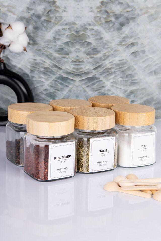 Etiketli Bambu Kapaklı 300 ml 6 Adet Kavanoz Ve 6 Adet Mini Baharat Kaşığı - 12 Parça Baharat Seti