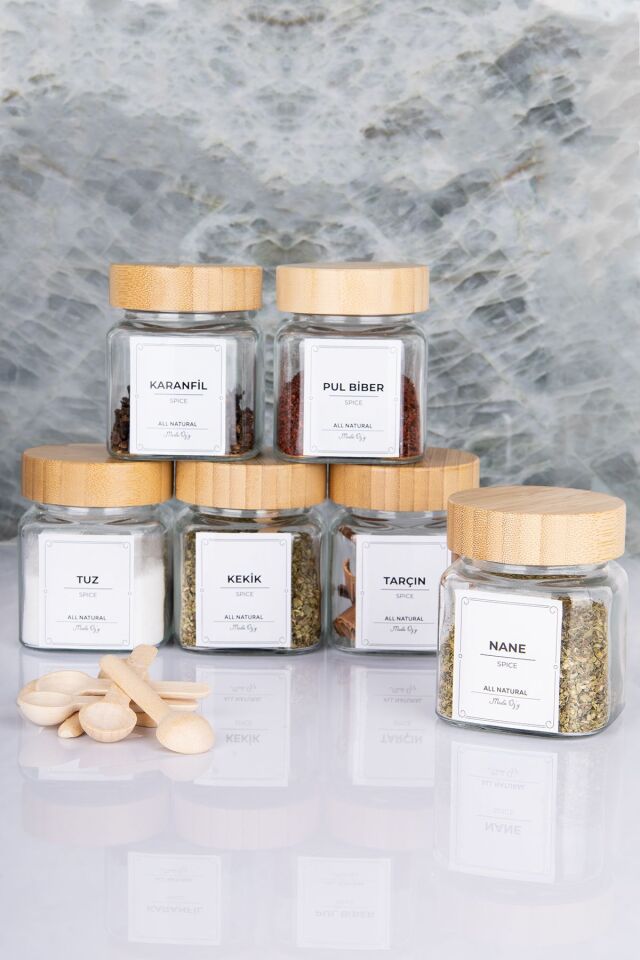 Etiketli Bambu Kapaklı 300 ml 6 Adet Kavanoz Ve 6 Adet Mini Baharat Kaşığı - 12 Parça Baharat Seti