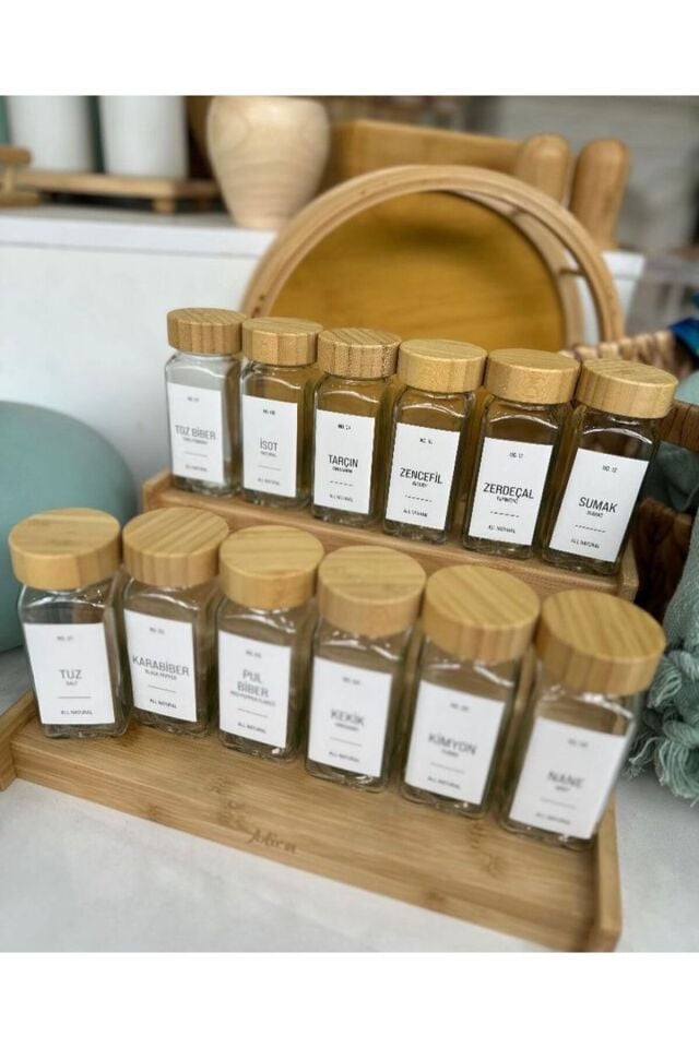 12Li Bambu Kapaklı Cam Baharatlık Seti 120 ml Baharat Kavanozu (Etiket Hediyeli)