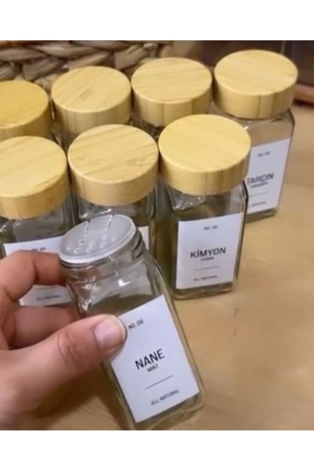 12Li Bambu Kapaklı Cam Baharatlık Seti 120 ml Baharat Kavanozu (Etiket Hediyeli)
