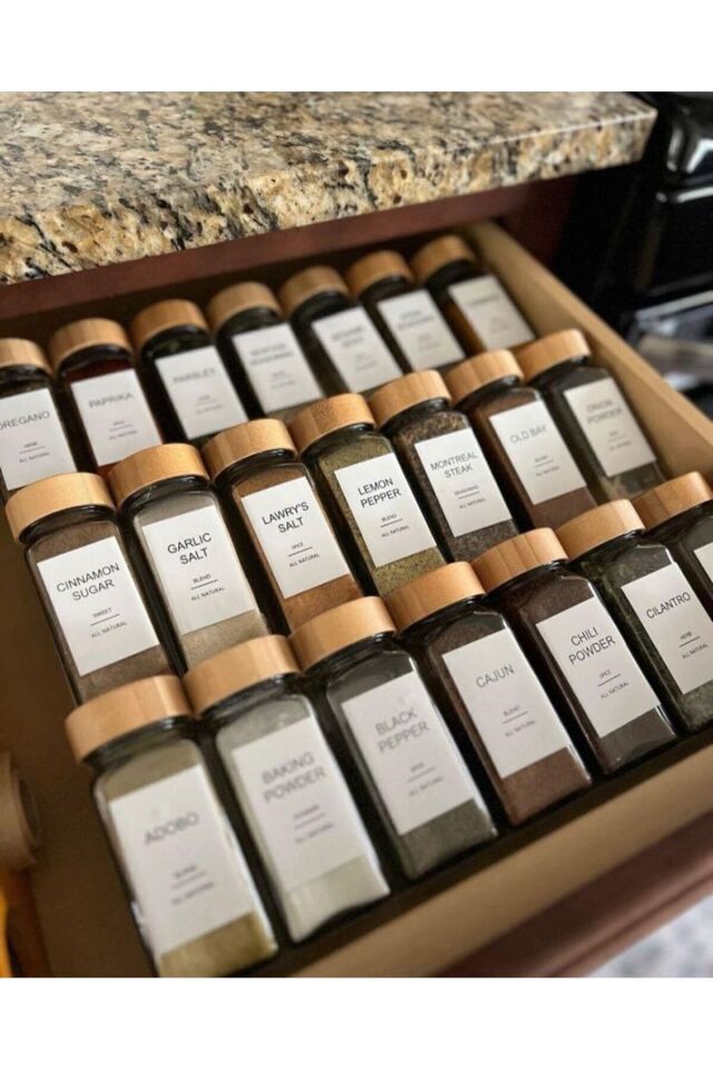 12Li Bambu Kapaklı Cam Baharatlık Seti 120 ml Baharat Kavanozu (Etiket Hediyeli)