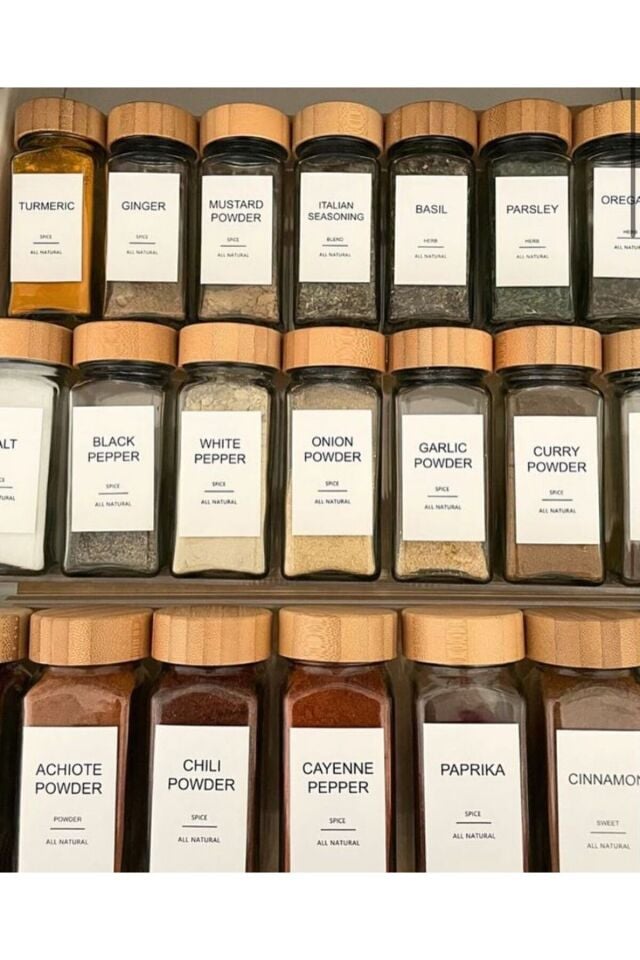 12Li Bambu Kapaklı Cam Baharatlık Seti 120 ml Baharat Kavanozu (Etiket Hediyeli)