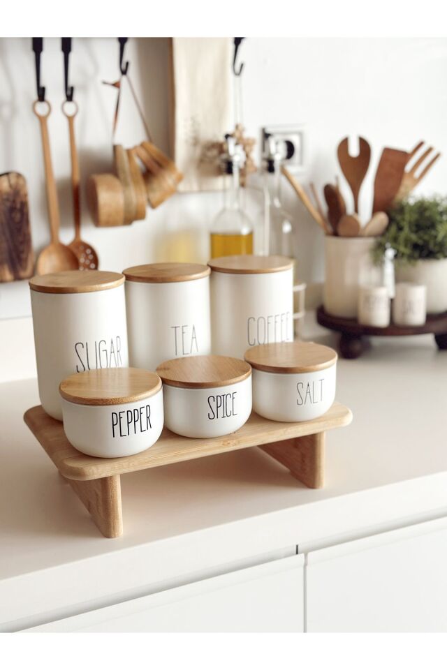 3lü Bambu Kapaklı Vakumlu Çay/kahve/şeker Ve 3lü Salt/pepper/spice Kavanozu Yükseltici Stantlı