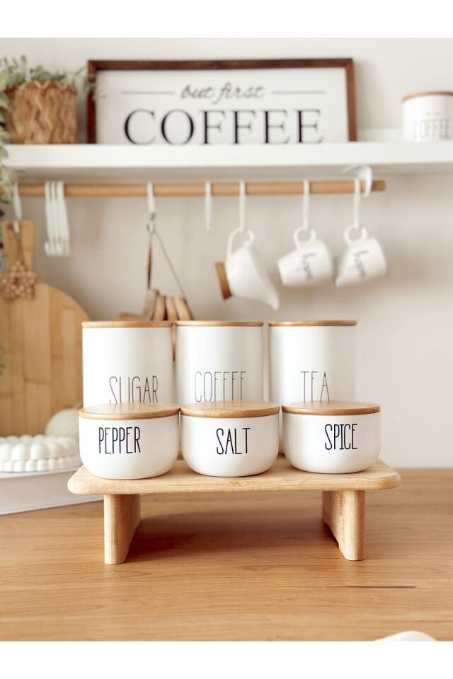 3lü Bambu Kapaklı Vakumlu Çay/kahve/şeker Ve 3lü Salt/pepper/spice Kavanozu Yükseltici Stantlı