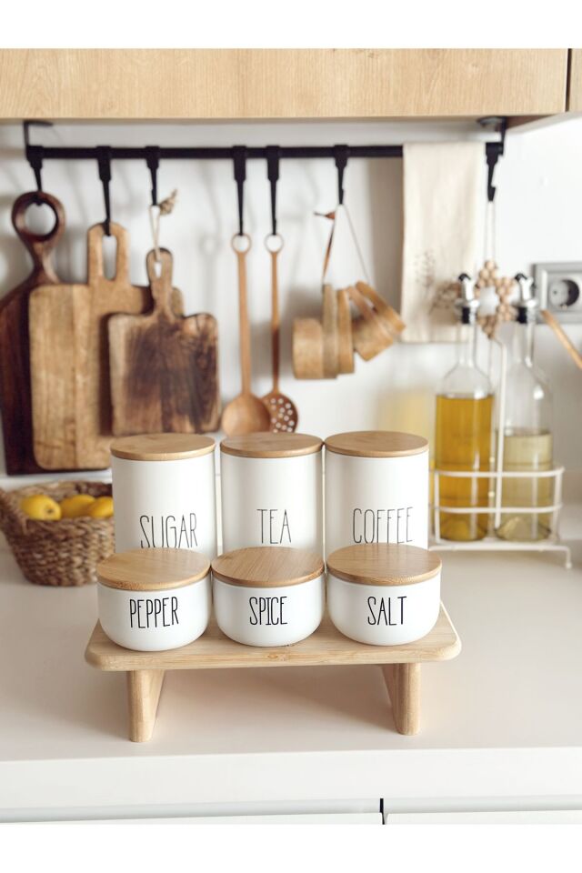 3lü Bambu Kapaklı Vakumlu Çay/kahve/şeker Ve 3lü Salt/pepper/spice Kavanozu Yükseltici Stantlı