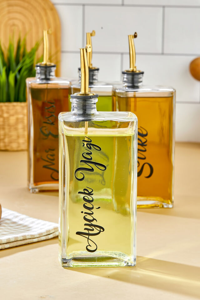 4lü 500 ml Gold Kapak Cam Zeytinyağı /Ayçiçekyağı/Nar Ekşisi /Sirke Transfer Etiketli Yağdanlık