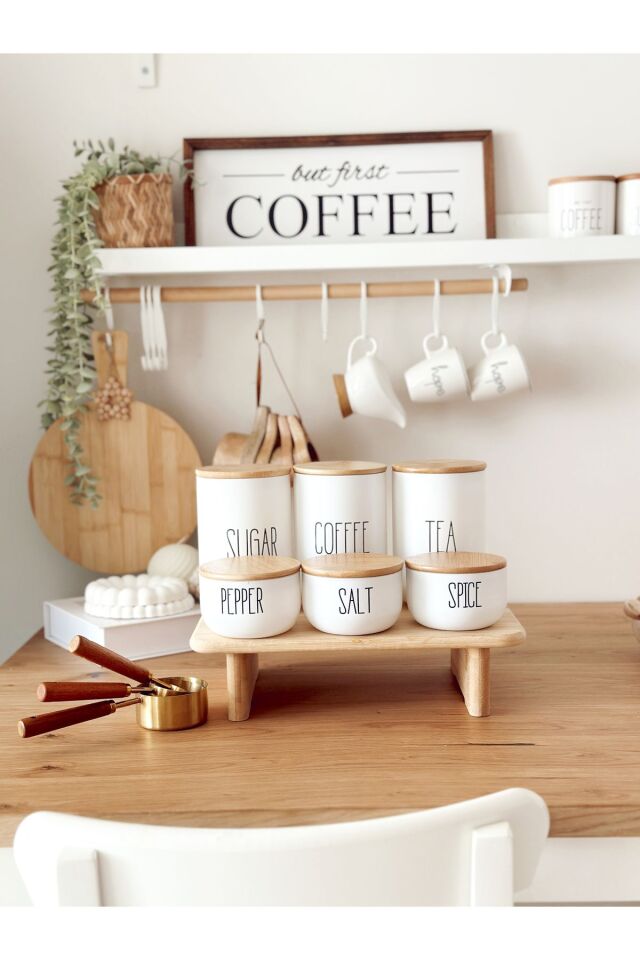 3lü Bambu Kapaklı Vakumlu Çay/kahve/şeker Ve 3lü Salt/pepper/spice Kavanozu Yükseltici Stantlı