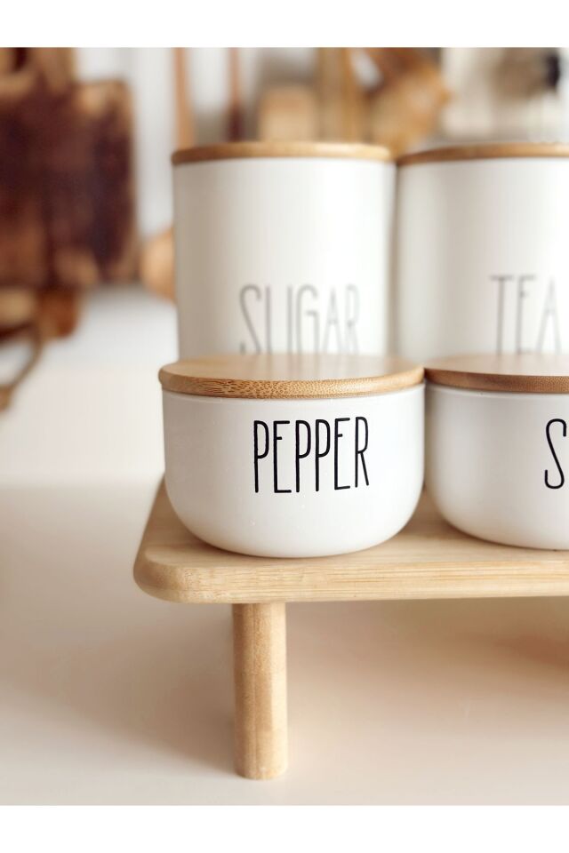 3lü Bambu Kapaklı Vakumlu Çay/kahve/şeker Ve 3lü Salt/pepper/spice Kavanozu Yükseltici Stantlı