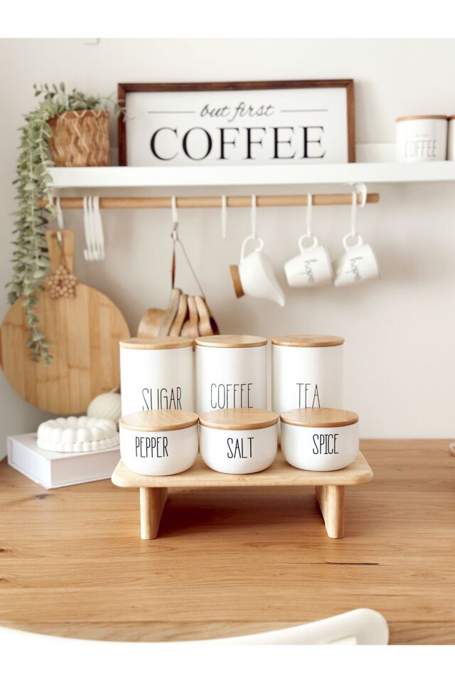 3lü Bambu Kapaklı Vakumlu Çay/kahve/şeker Ve 3lü Salt/pepper/spice Kavanozu Yükseltici Stantlı