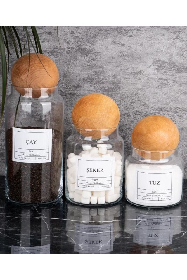3'lü Ahşap Top Kapaklı Cam Kavanoz Seti Şekerlik Çerezlik Baharatlık Ve Saklama Kabı