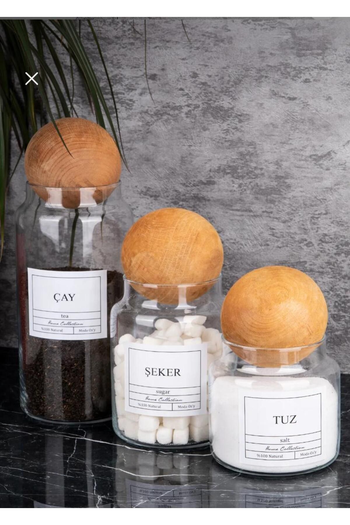 3'lü Ahşap Top Kapaklı Cam Kavanoz Seti Şekerlik Çerezlik Baharatlık Ve Saklama Kabı