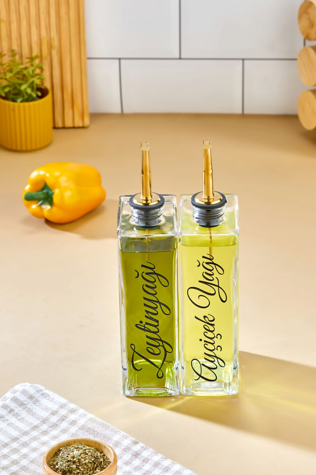 2'li 500 ml Cam Şişe Zeytinyağı /Ayçiçekyağı Transfer Etiketli Yağdanlık Sosluk Sirkelik