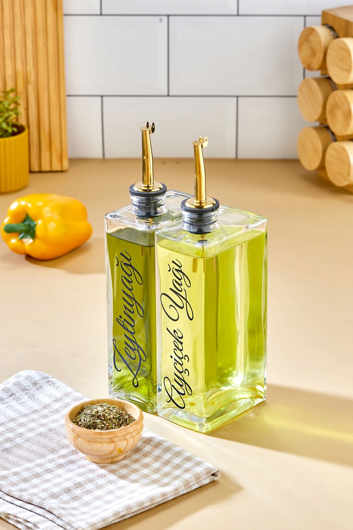 2'li 500 ml Cam Şişe Zeytinyağı /Ayçiçekyağı Transfer Etiketli Yağdanlık Sosluk Sirkelik