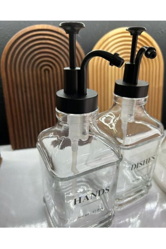 2'li 500 ml Tezgah Üstü Cam Sıvı Sabunluk Mutfak /Banyo (Etiket Dahildir)
