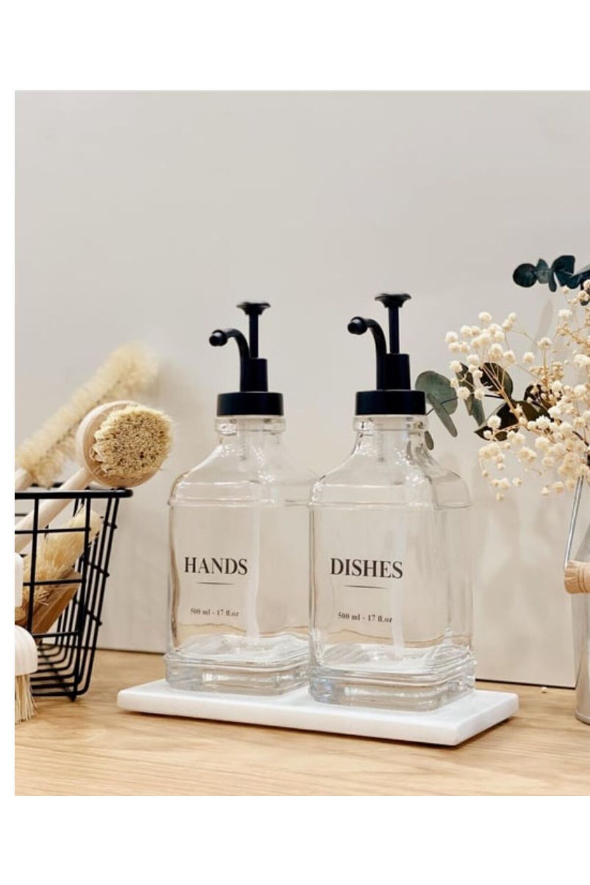 2'li 500 ml Tezgah Üstü Cam Sıvı Sabunluk Mutfak /Banyo (Etiket Dahildir)
