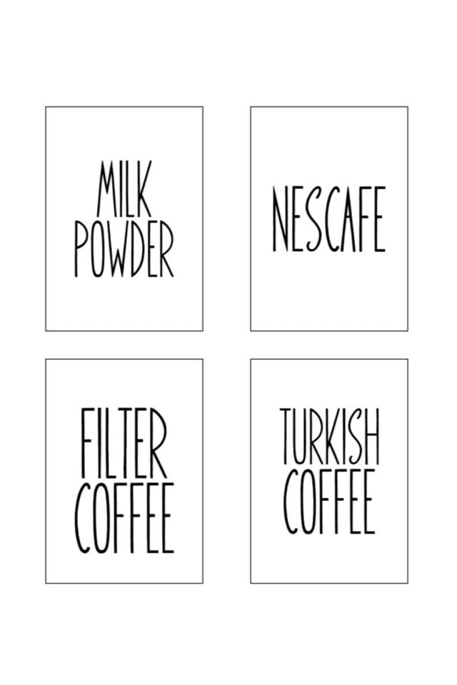 4 Adet Türkkahvesi/Filtrekahve/Neskafe/Süttozu Sticker Suya Dayanıklı Transfer Etiket Serisi