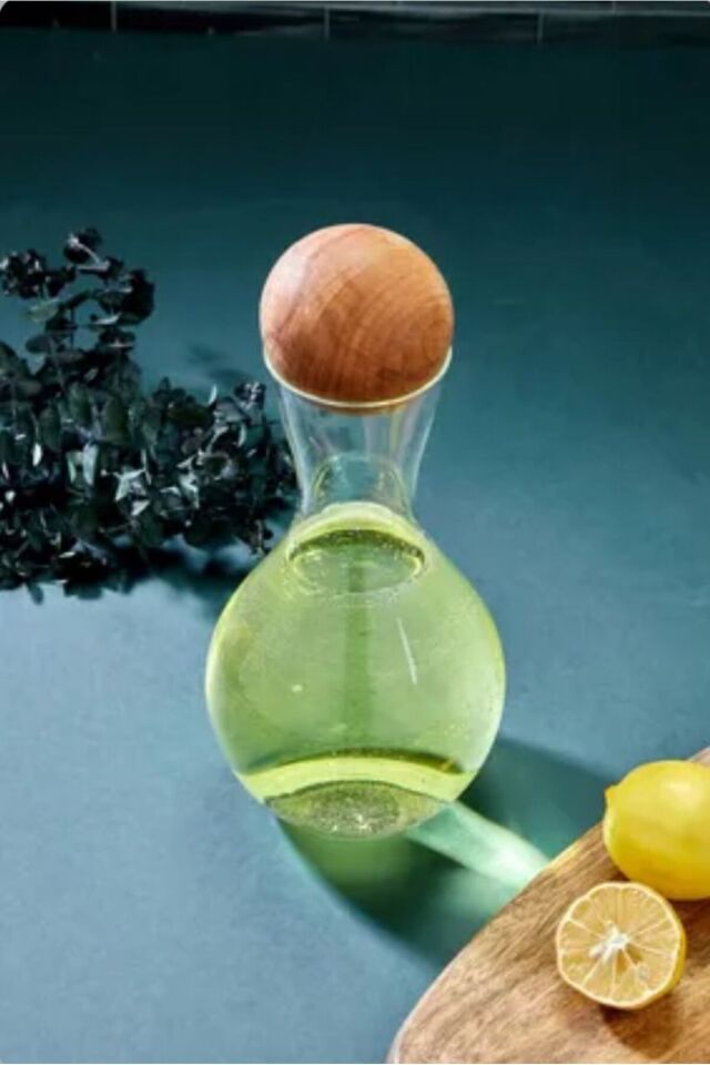 1300Ml Ahşap Top Kapaklı Sürahi/Karaf Cam
