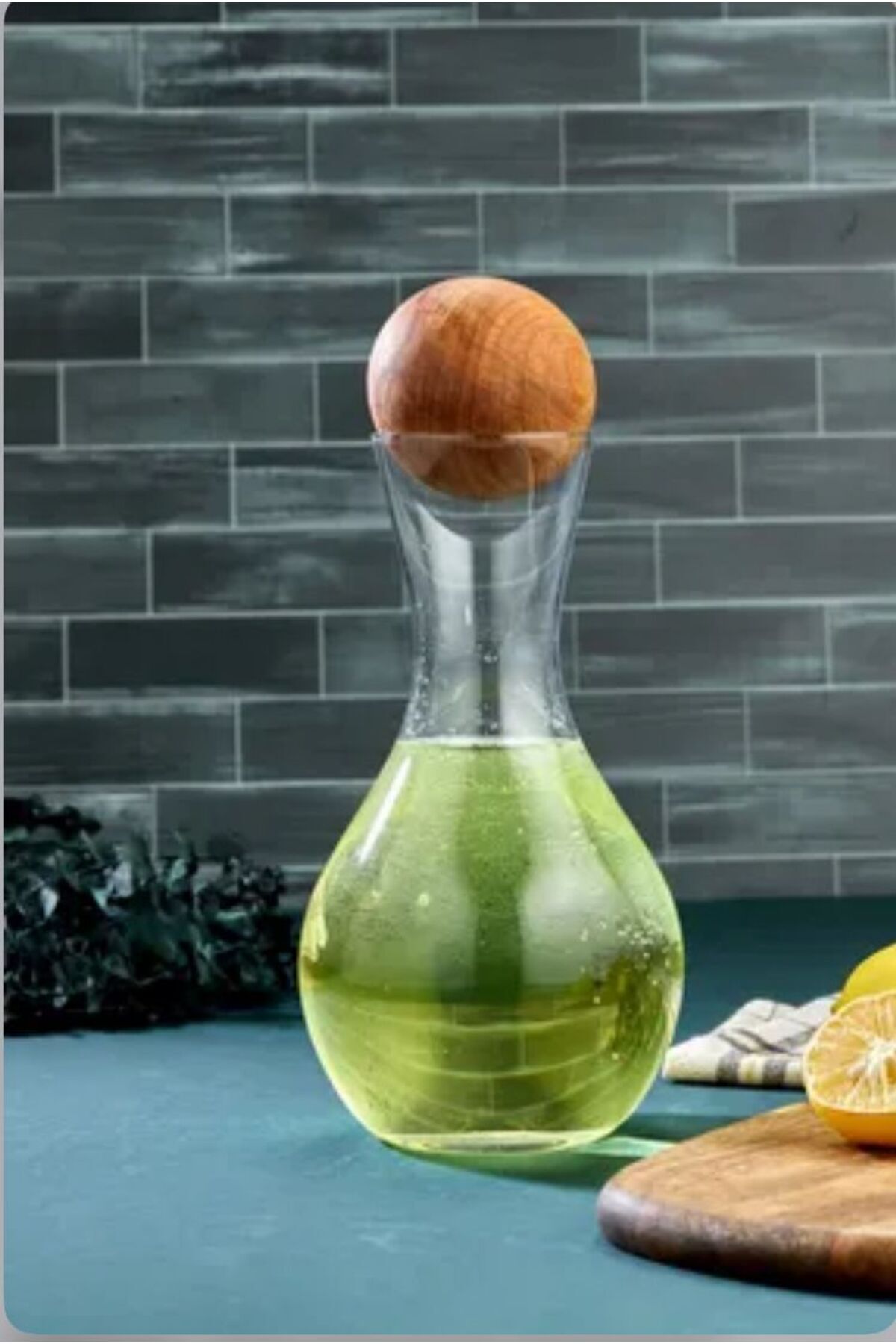 1300Ml Ahşap Top Kapaklı Sürahi/Karaf Cam