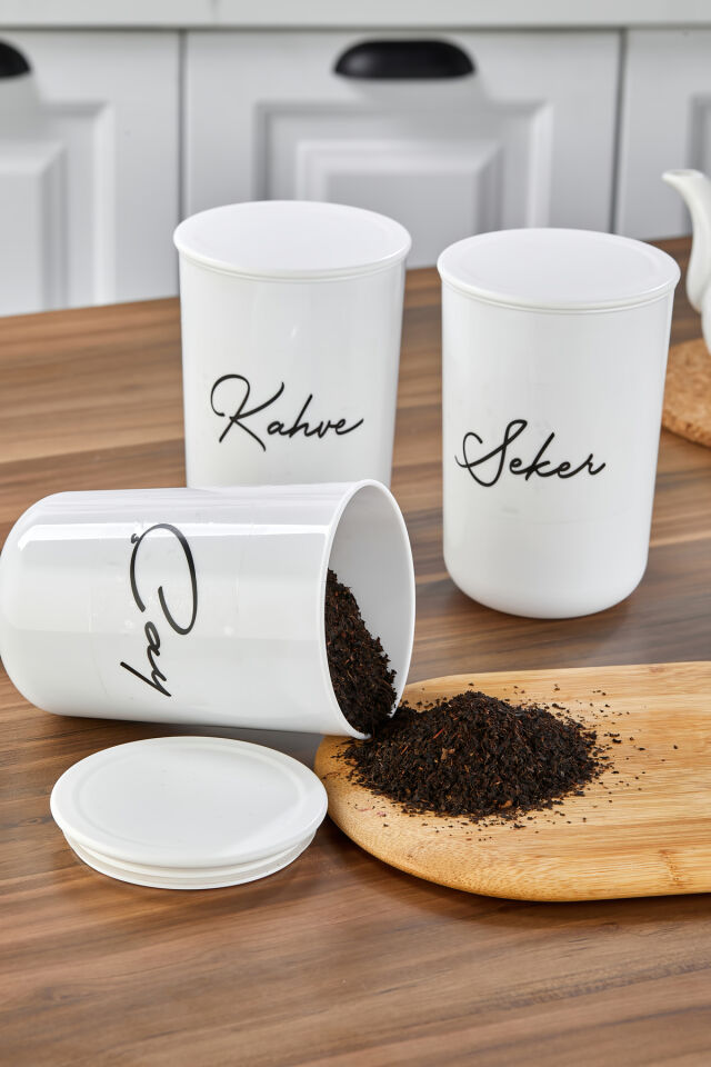 3'lü Plastik Vakum Kapaklı Transfer Etiketli Akrilik (PLASTİK) Çay/Şeker/Kahve Kavanoz 900ml