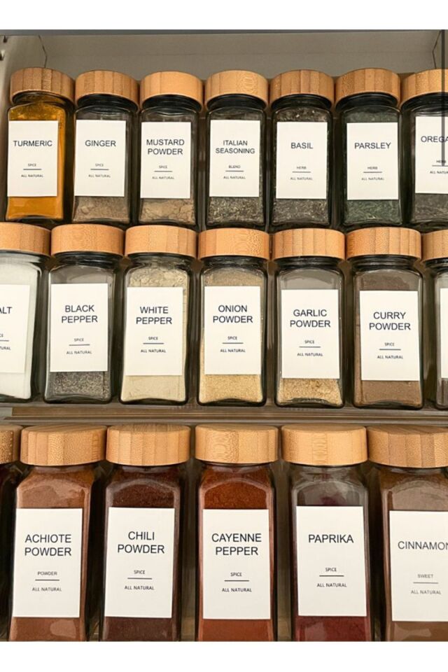 12li Bambu Kapaklı 120ml Cam Baharatlık Baharat Seti Baharat Etiketi Hediyeli