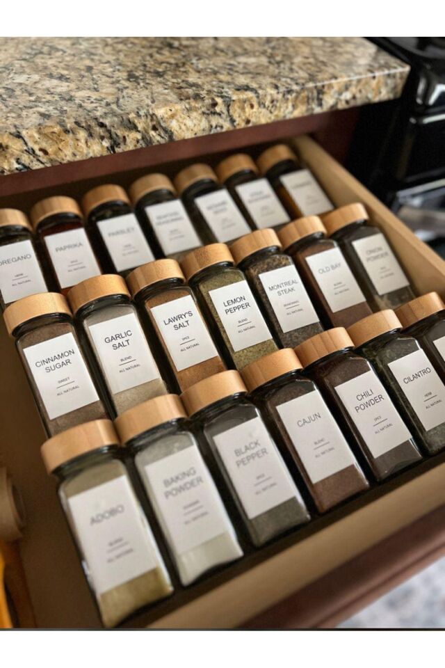 12li Bambu Kapaklı 120ml Cam Baharatlık Baharat Seti Baharat Etiketi Hediyeli