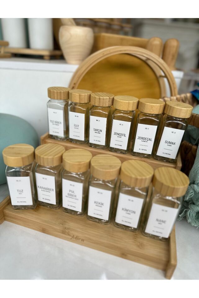 12li Bambu Kapaklı 120ml Cam Baharatlık Baharat Seti Baharat Etiketi Hediyeli