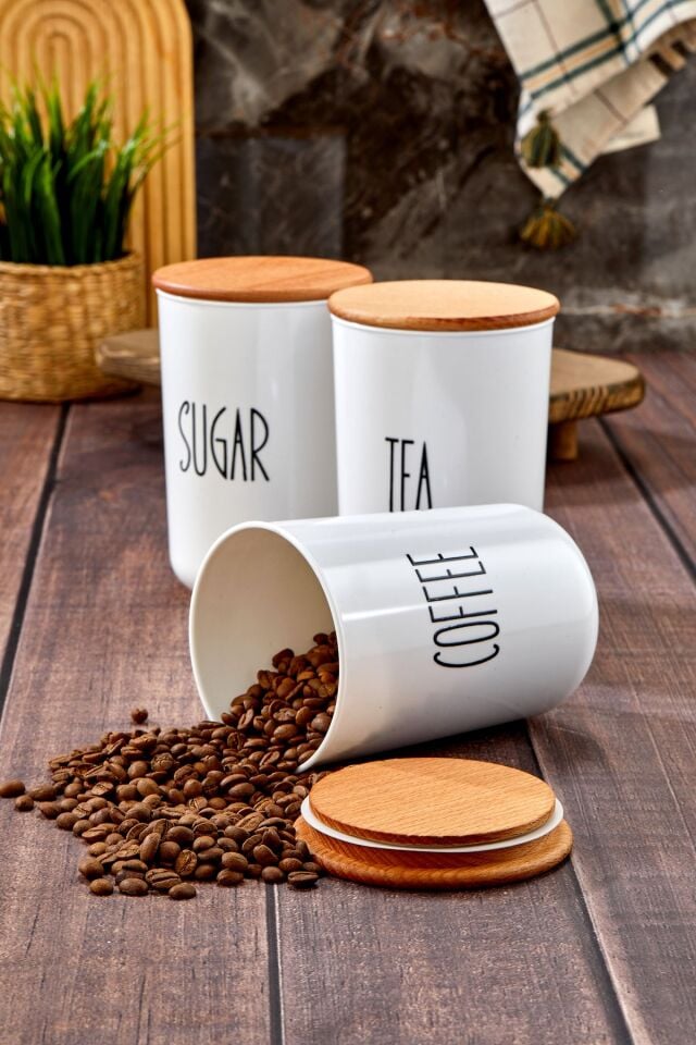 3lü Ahşap Kapaklı Transfer Etiketli Akrilik Çay/kahve/şeker Kavanozu 900ml