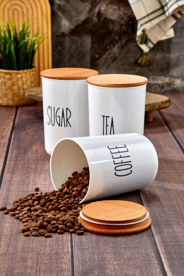 3lü Ahşap Kapaklı Transfer Etiketli Akrilik Çay/kahve/şeker Kavanozu 900ml