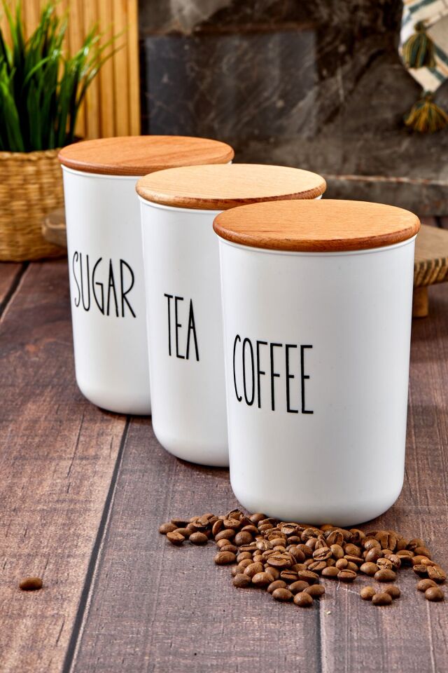 3lü Ahşap Kapaklı Transfer Etiketli Akrilik Çay/kahve/şeker Kavanozu 900ml