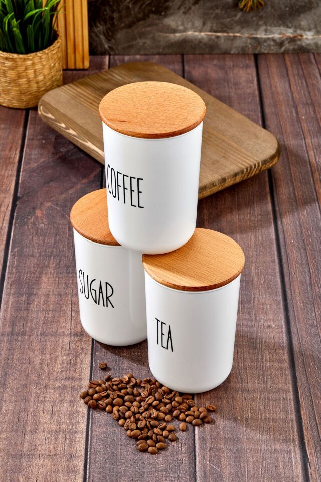 3lü Ahşap Kapaklı Transfer Etiketli Akrilik Çay/kahve/şeker Kavanozu 900ml