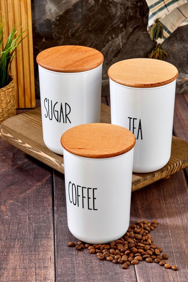 3lü Ahşap Kapaklı Transfer Etiketli Akrilik Çay/kahve/şeker Kavanozu 900ml