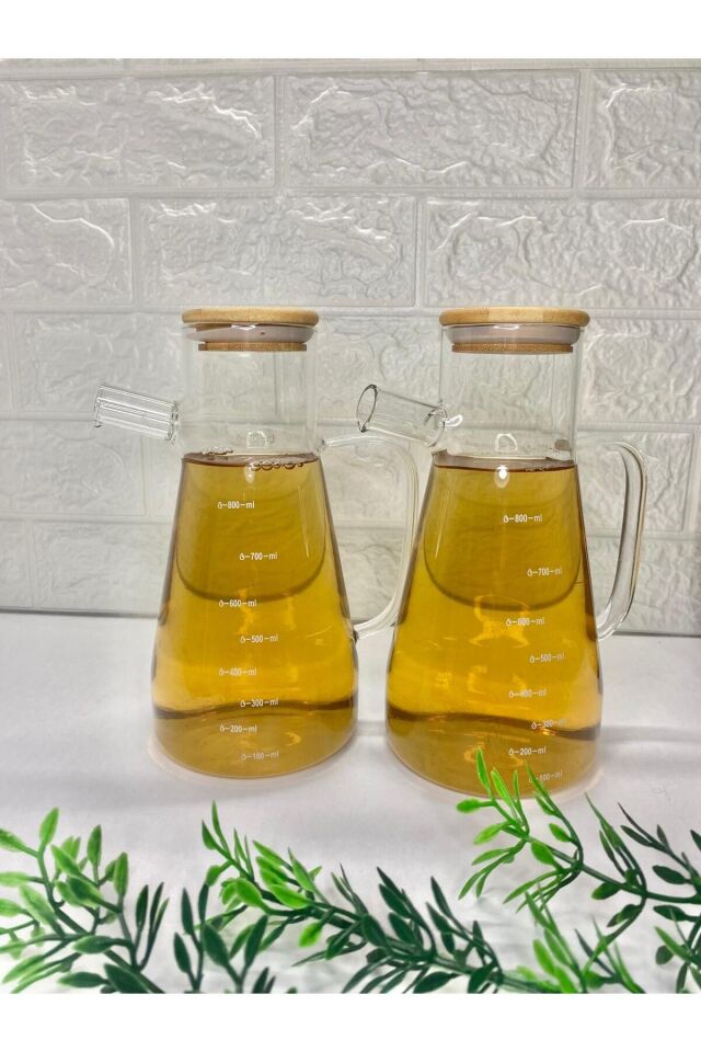 2'li Bambu Kapaklı Ve Ahşap Altlıklı Borosilikat Cam Yağlık Sirkelik 900 ml