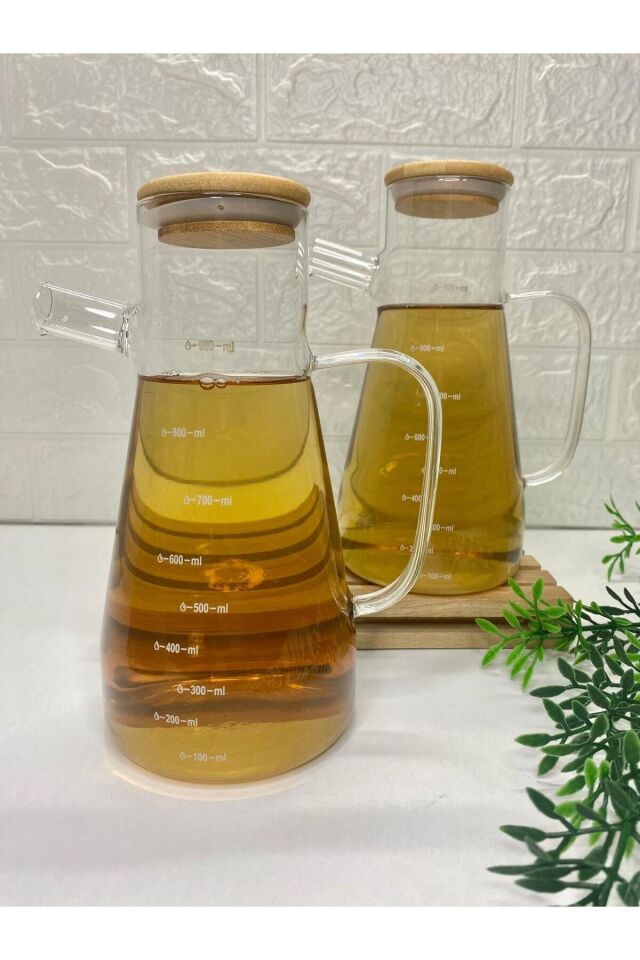 2'li Bambu Kapaklı Ve Ahşap Altlıklı Borosilikat Cam Yağlık Sirkelik 900 ml