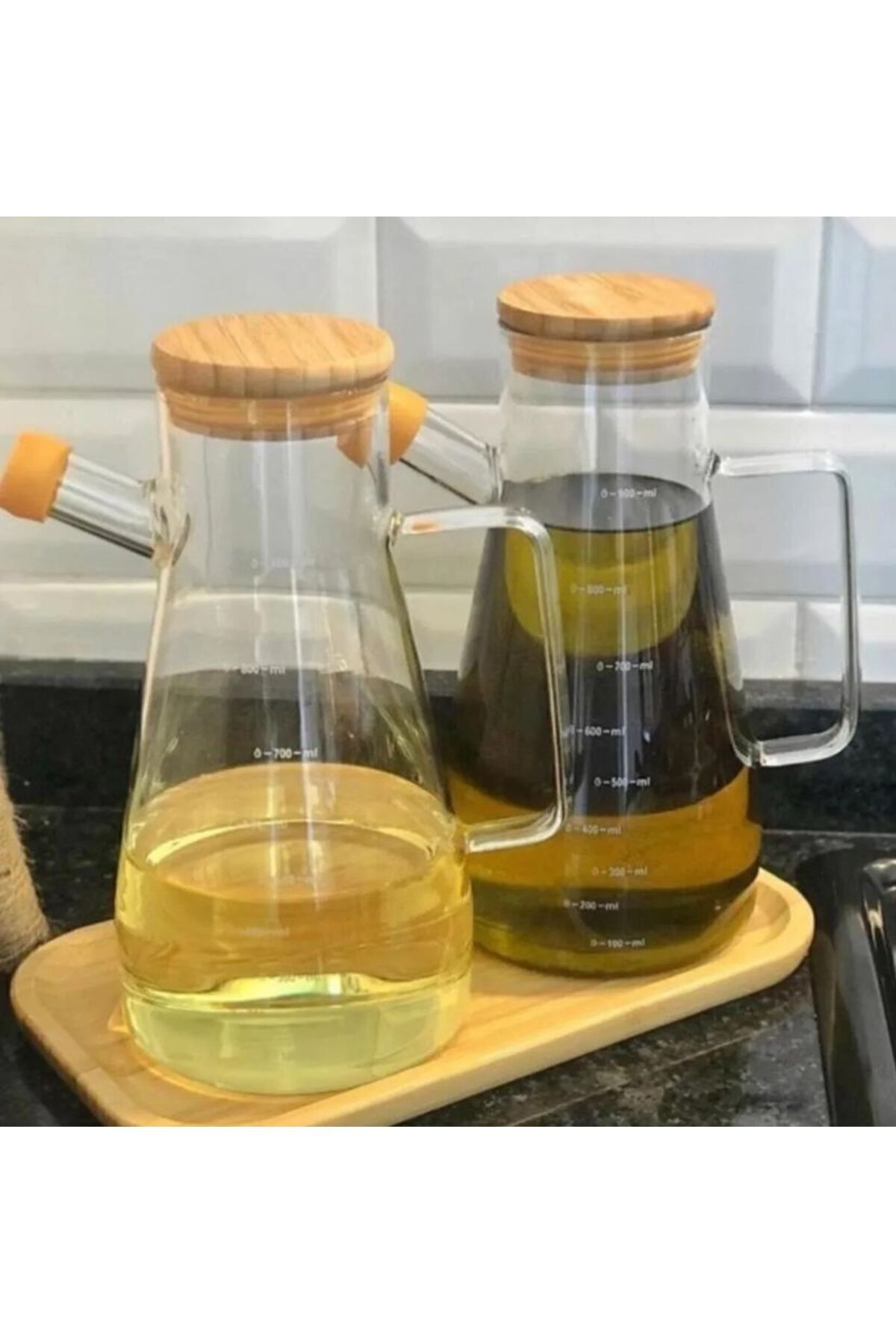 2'li Bambu Kapaklı Ve Ahşap Altlıklı Borosilikat Cam Yağlık Sirkelik 900 ml