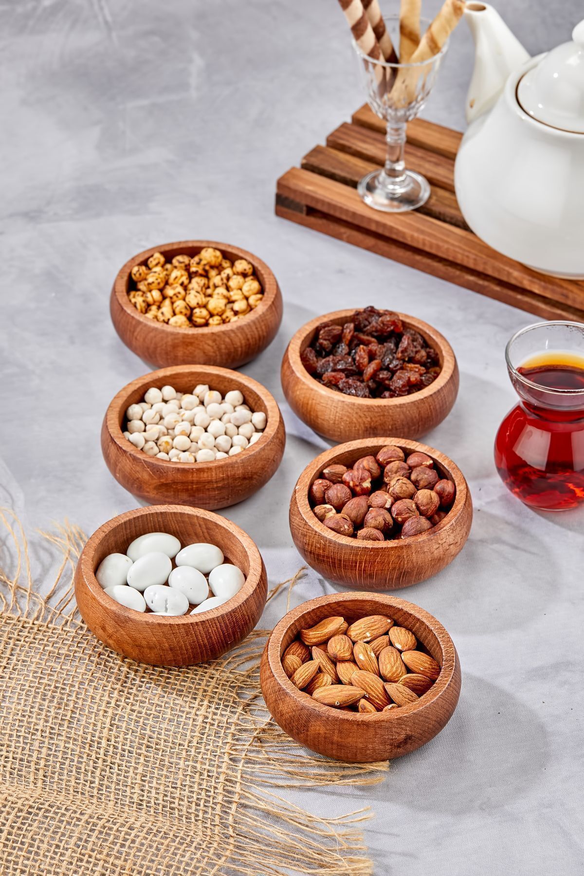 6’lı Akasya El Yapımı Yuvarlak Çerezlik Kase Sunumluk