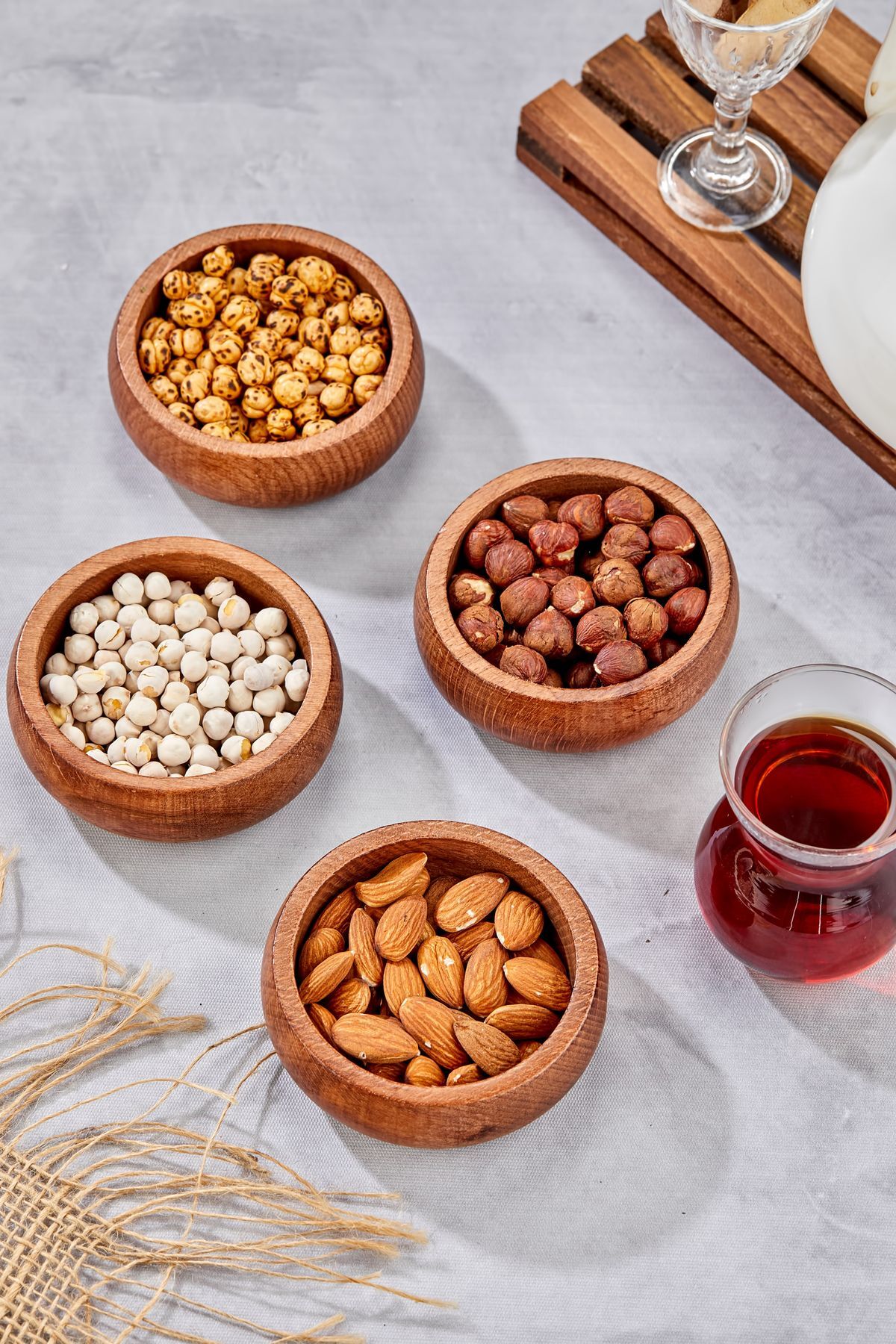 4’lü Akasya El Yapımı Yuvarlak Çerezlik Kase