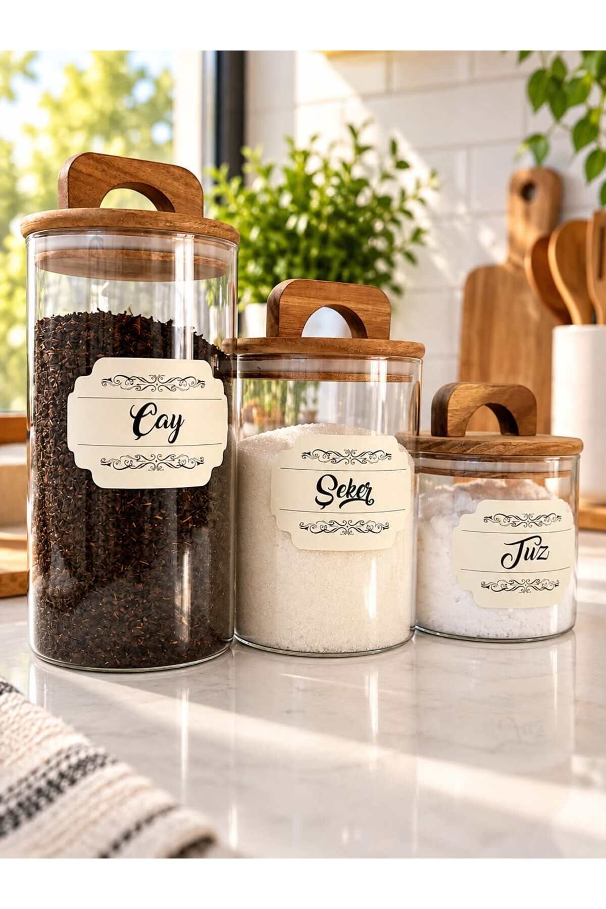 3'lü Akasya Kapaklı Etiketli Cam Kavanoz Seti 1300/950/550 ml Çay- Şeker -Kahve-Tuz Bakliyat Saklama Kabı