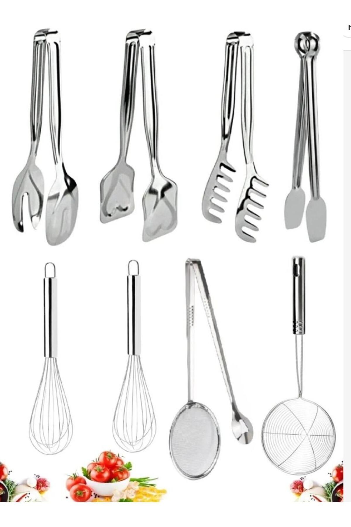 Izgara  Maşası Yağ Süzgeci Kepçe Kevgir Çelik Çırpıcı Servis Pasta Maşası Salata Makarna Maşa 8li