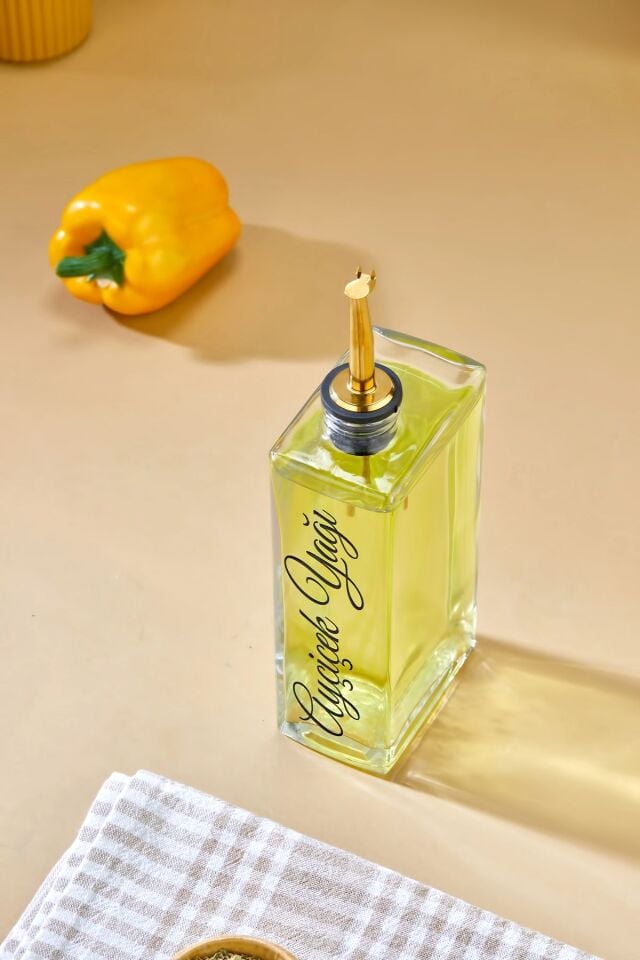 1 Adet Cam Yağdanlık Metal Gold Kapaklı Transfer Etiketli Ayçiçek/Zeytinyağı/Sirke/Narekşisi 500ml