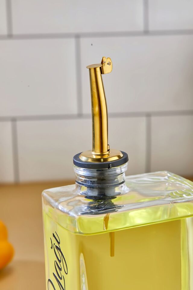 1 Adet Cam Yağdanlık Metal Gold Kapaklı Transfer Etiketli Ayçiçek/Zeytinyağı/Sirke/Narekşisi 500ml