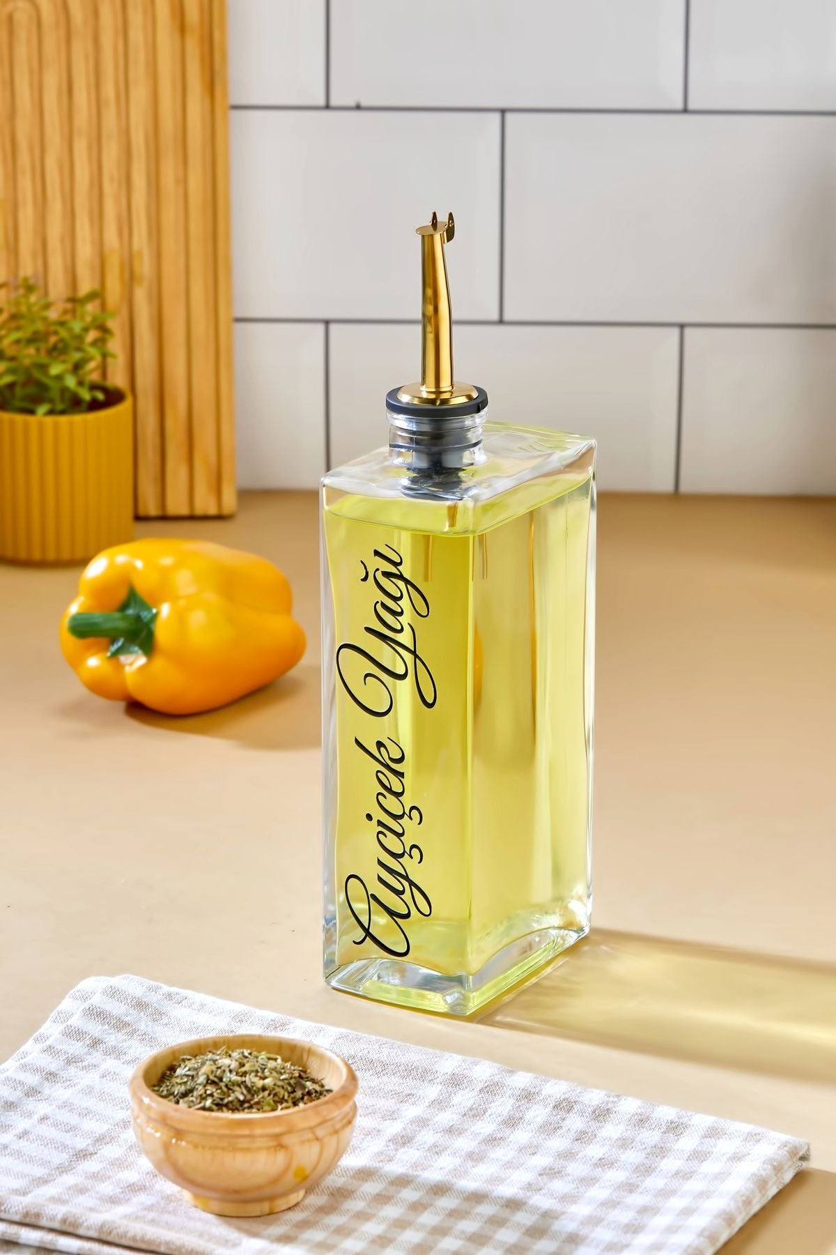 1 Adet Cam Yağdanlık Metal Gold Kapaklı Transfer Etiketli Ayçiçek/Zeytinyağı/Sirke/Narekşisi 500ml