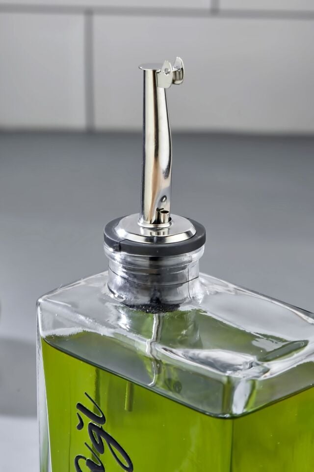 1 Adet Cam Yağdanlık Metal Gümüş Kapaklı Transfer Etiketli Ayçiçek/Zeytinyağı/Sirke/Narekşisi 500ml