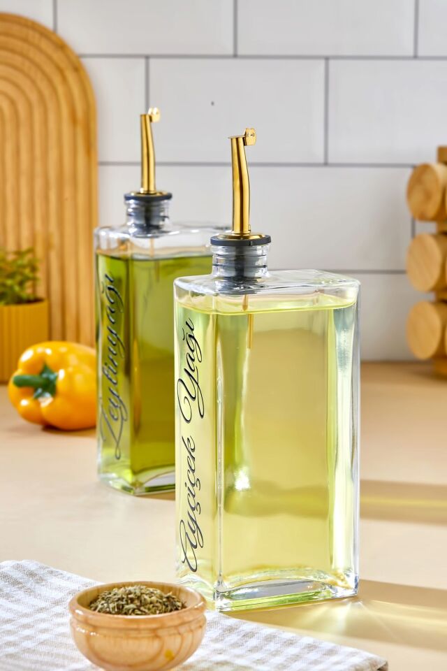 2'li 500 ml Cam Şişe Zeytinyağı /Ayçiçekyağı Transfer Etiketli Yağdanlık Sosluk Sirkelik