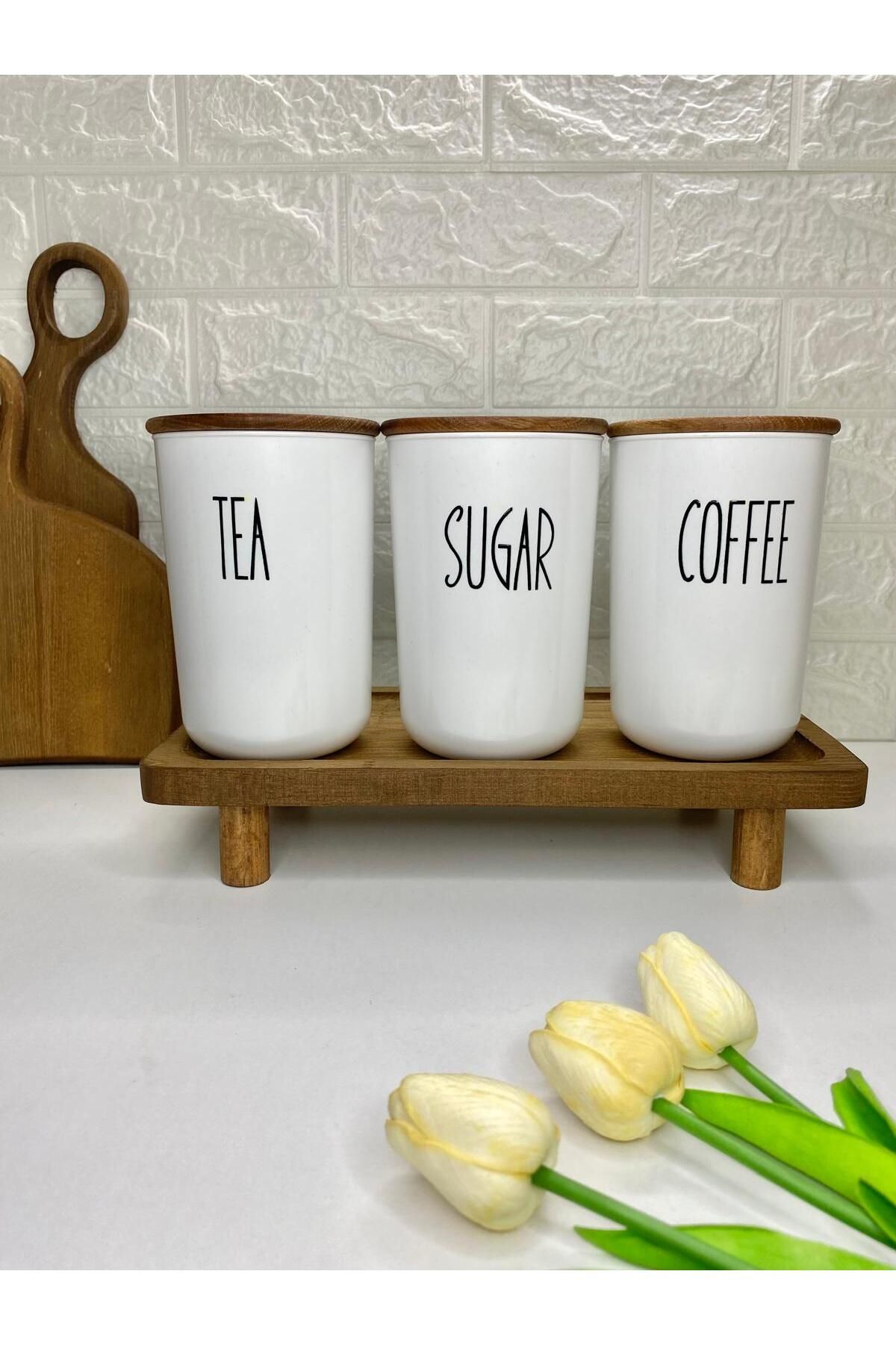 3'lü Ahşap Vakum Kapaklı Transfer Etiketli Akrilik (PLASTİK) Tea/sugar/salt Kavanoz 900ml