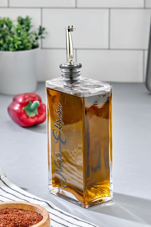 1 Adet Cam Yağdanlık Metal Gümüş Kapaklı Transfer Etiketli Ayçiçek/Zeytinyağı/Sirke/Narekşisi 500ml Nar Ekşisi