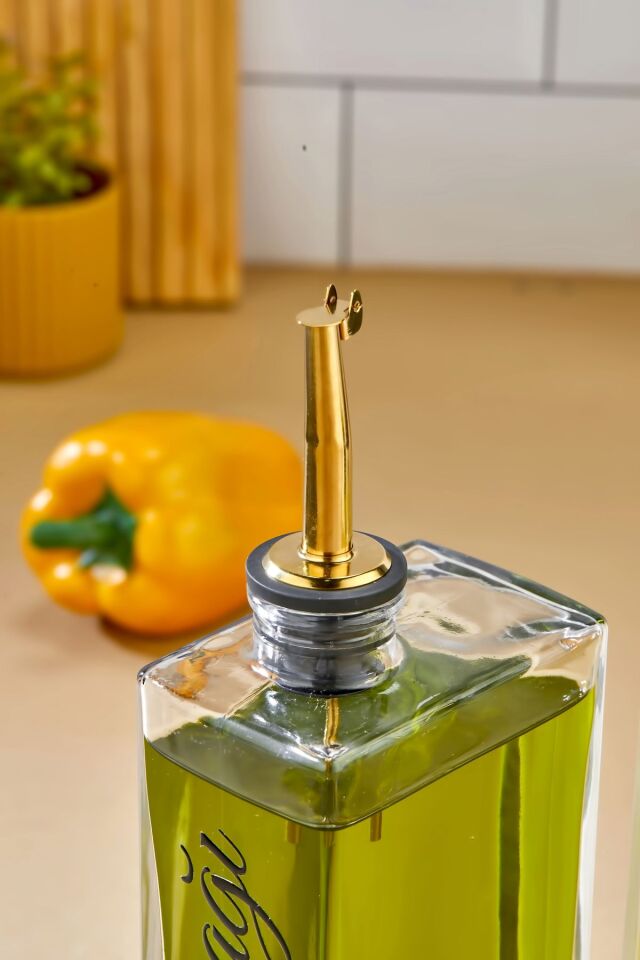 2'li 500 ml Cam Şişe Zeytinyağı /Ayçiçekyağı Transfer Etiketli Yağdanlık Sosluk Sirkelik gold