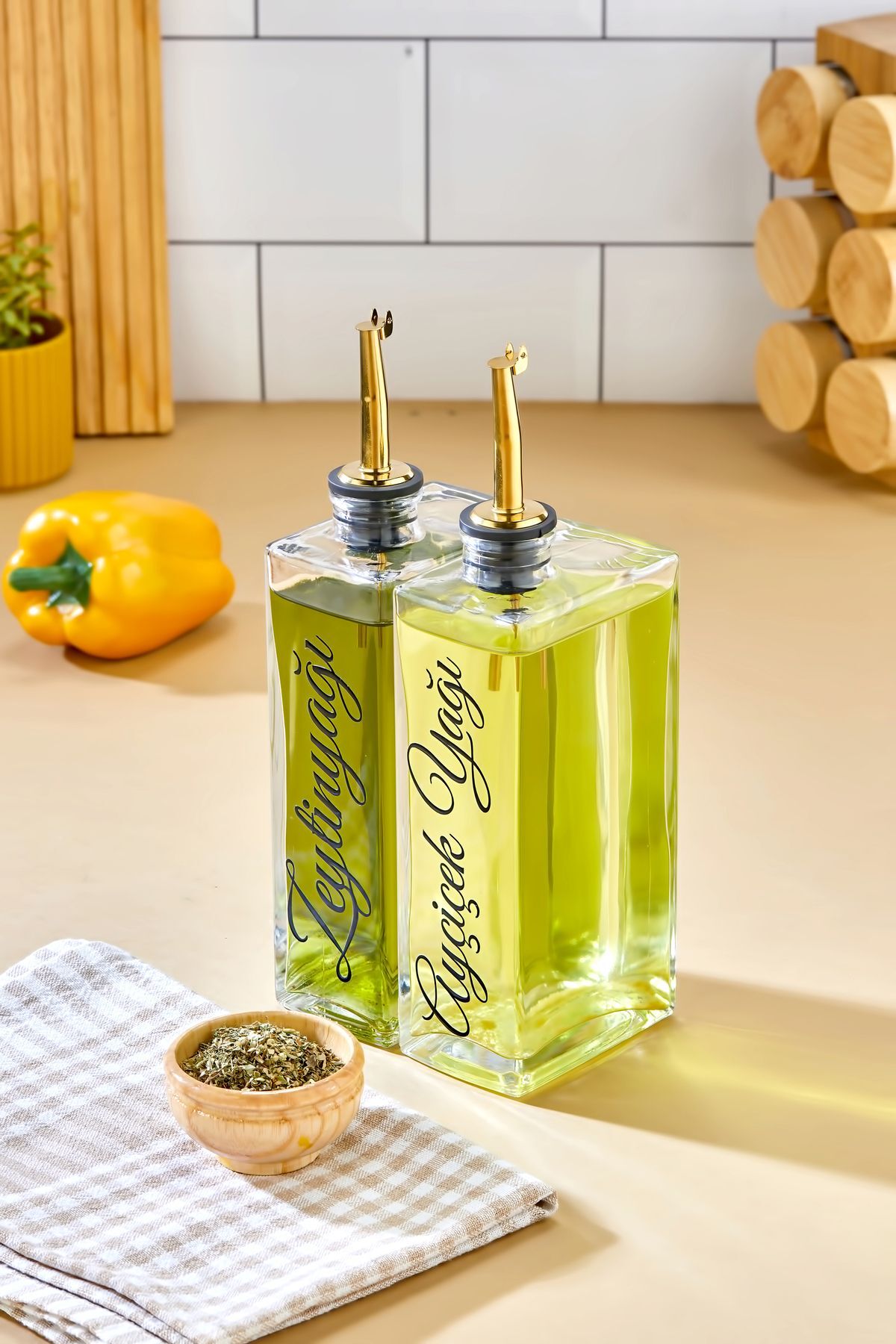 2'li 500 ml Cam Şişe Zeytinyağı /Ayçiçekyağı Transfer Etiketli Yağdanlık Sosluk Sirkelik gold