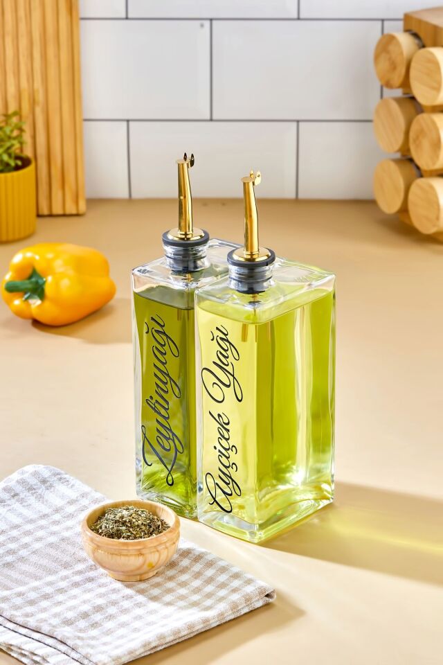2'li 500 ml Cam Şişe Zeytinyağı /Ayçiçekyağı Transfer Etiketli Yağdanlık Sosluk Sirkelik gold