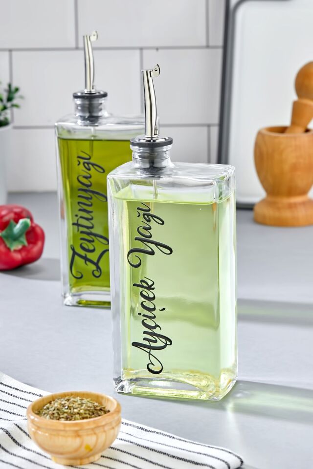 2'li 500 ml Cam Şişe Zeytinyağı /Ayçiçekyağı Transfer Etiketli Yağdanlık Sosluk Sirkelik gümüş